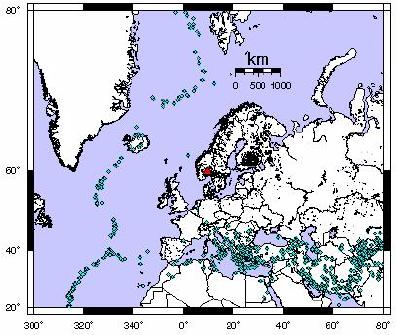 Map centered
        on station KONO in southern Norway (red triangle).